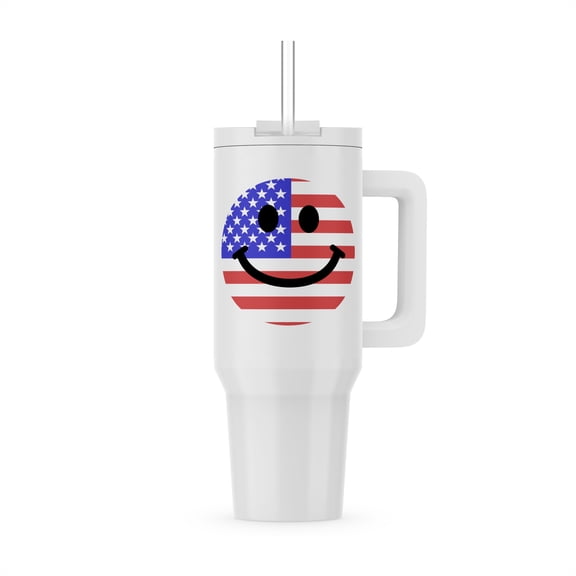 American Flag Smiling Face On White - Usa America Red White And Blue Stars And Stripes Happy Cartoon, 30oz Tumbler
