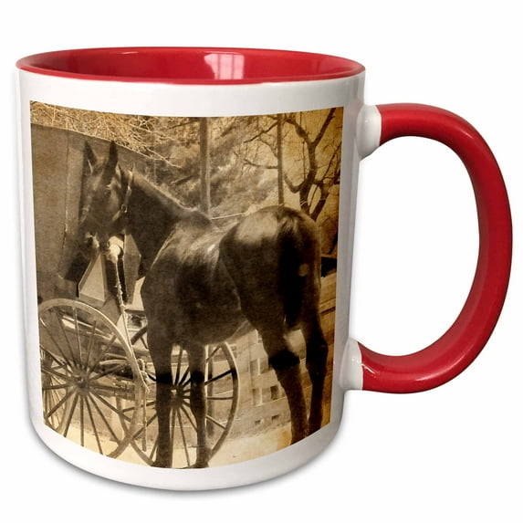 3drose, Amish Bringing Home a New Horse Sepia, 11oz Two-tone Red Mug