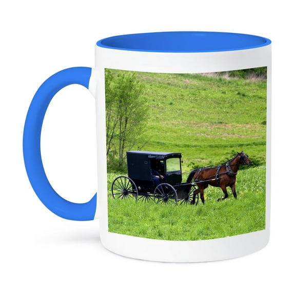 3dRose, Amish farm with horse buggy near Berlin, Ohio - US36 DFR0018 - David R. Frazier, 11oz Two-Tone Blue Mug