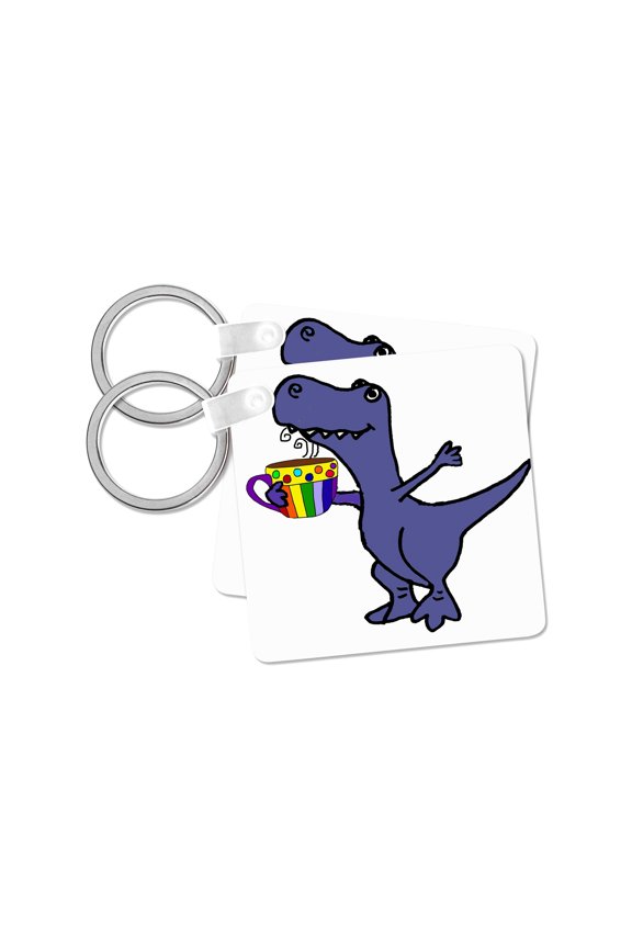 , Amusing Cute T-rex Dinosaur Drinking Coffee Cartoon, set of 2 Key Chains