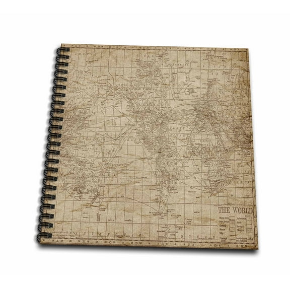 3dRose, An Antique Map Of The World In Brown, Drawing Book 8 x 8 inch