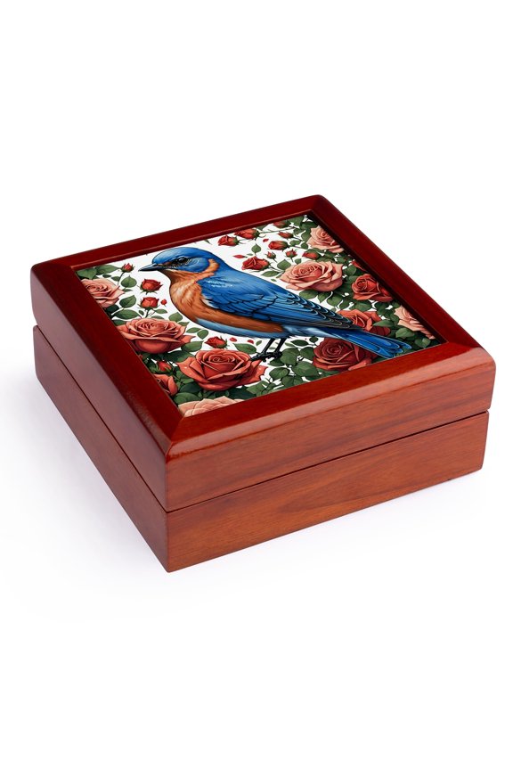 , An Eastern Bluebird Surrounded By New York Roses 2, Jewelry Box 5.5x5.5 inch with 4 inch tile