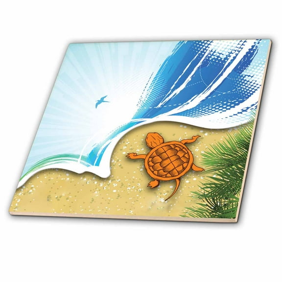 3dRose, An Ocean and Beach Scene With A Sea Turtle, 12 Inch Ceramic Tile