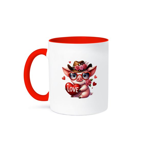 3drose, an Image of a Funny Pig with a Heart and a Rose, Valentine Day Gift, 11oz Two-tone Red Mug