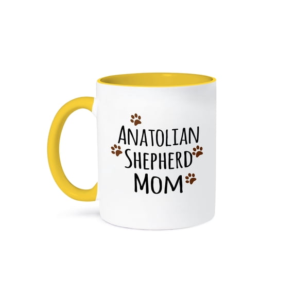3dRose, Anatolian Shepherd Dog Mom by breed - muddy brown paw prints - doggy mama love - doggie lovers, 15oz Two-Tone Yellow Mug