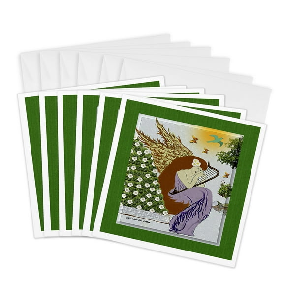 3drose, Angel Playing Harp in a Garden - Christmas Art 9, 6 Greeting Cards with Envelopes