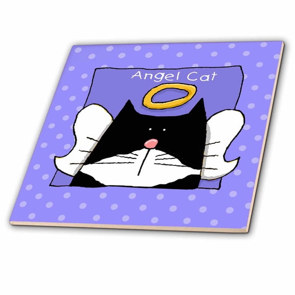 3dRose, Angel Tuxedo Cat Cute Cartoon Pet Loss Memorial , 6 Inch Ceramic Tile