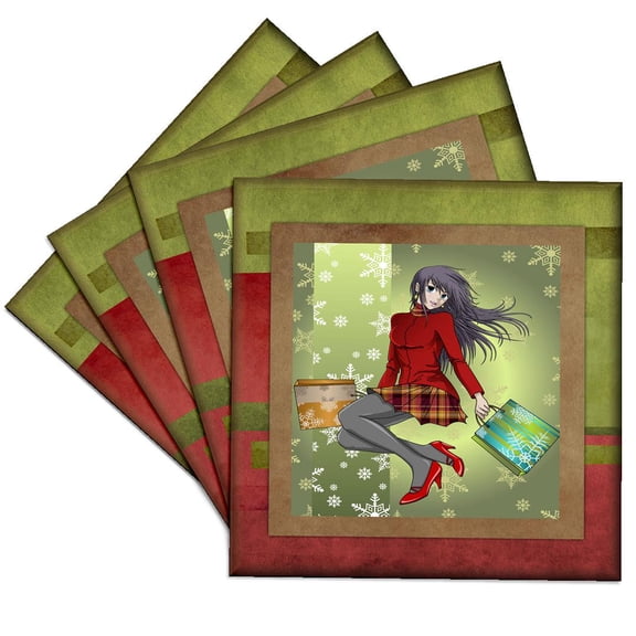 3dRose, Anime Christmas Shopper, Set of 4 Ceramic Tile Coasters