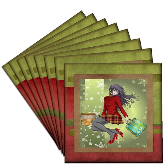 3dRose, Anime Christmas Shopper, Set of 8 Ceramic Tile Coasters