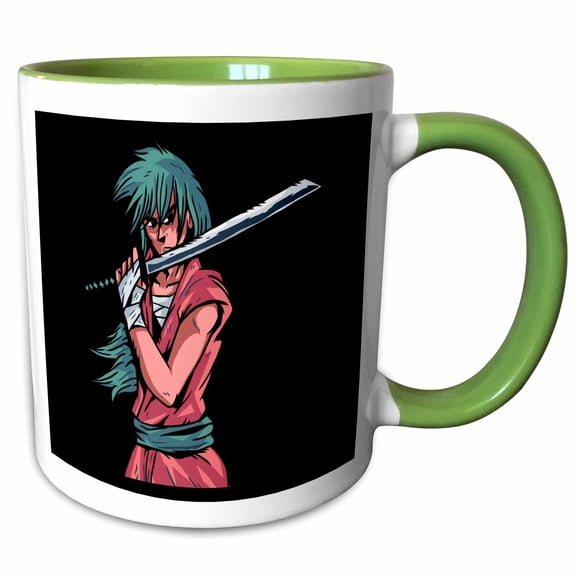 3drose, Anime Manga Style with Samurai Fighter Warrior, 15oz Two-tone Green Mug