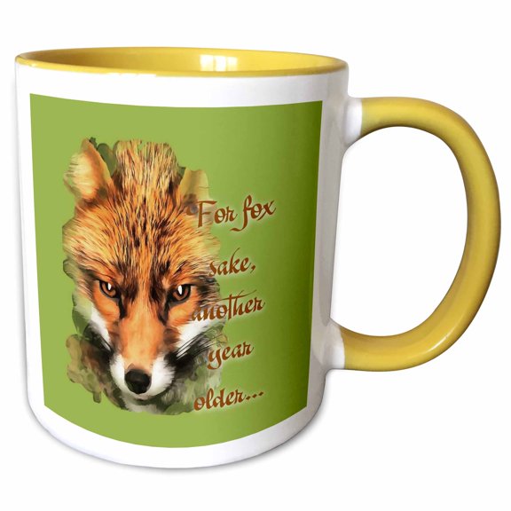 3drose, Another Year Older with Beautiful Artistic Fox for Fox Sake Greeting, 11oz Two-tone Yellow Mug