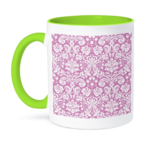 3dRose, Antique rose pink and white damask pattern - Victorian fancy vintage swirls - girly stylish girls, 11oz Two-Tone Green Mug