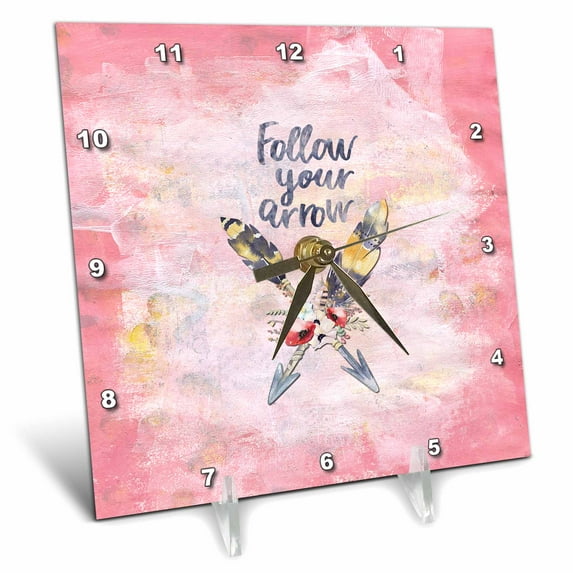 3dRose, Antlers Arrows and Typography Illustration on Pink-Follow your Arrow, 6x6 Desk Clock
