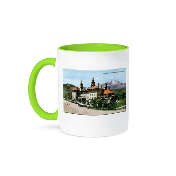 3dRose, Antlers Hotel, Colorado Springs Colorado with Mountains in the Distance, 11oz Two-Tone Green Mug