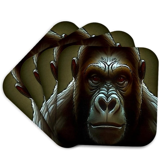 3drose, Ape Mountain Gorilla Fun Face Black Outline Art, Set of 4 Coasters - Soft