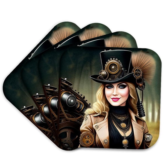 3drose, Appealing Blonde Woman - Steam Engine Engineer in Tall Hat and Gear, Set of 4 Coasters - Soft