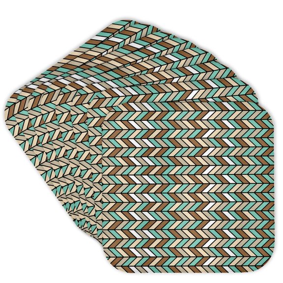 3drose, Aqua, Brown, and White Sideways Herringbone Pattern, Set of 8 Coasters - Soft
