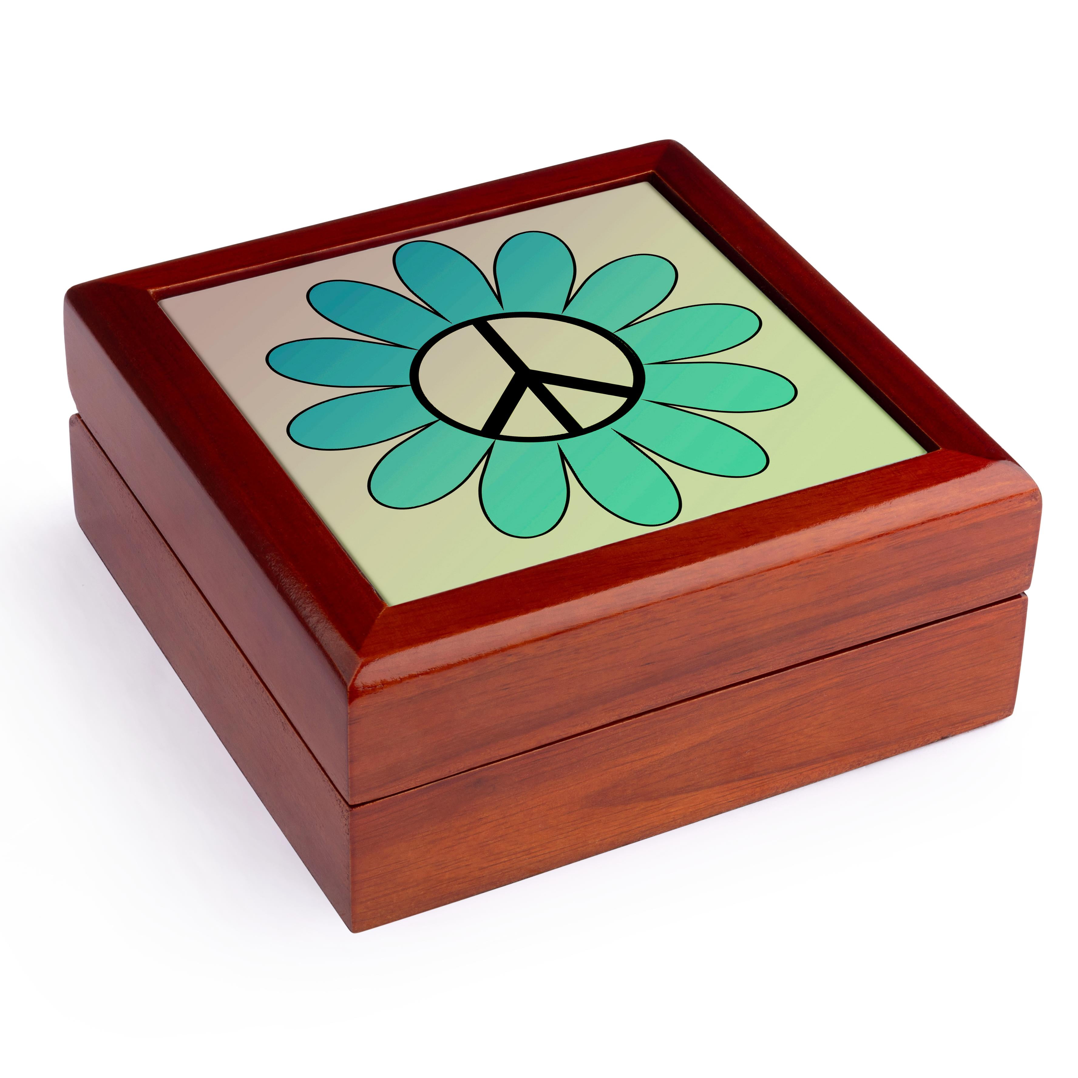 3dRose, Aqua Flower with Peace Sign- Inspirational Art, Jewelry Box 5.5x5.5 inch with 4 inch tile