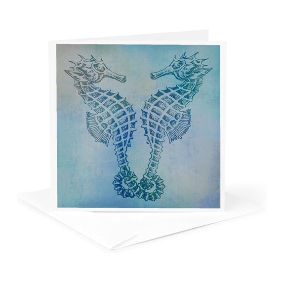 3dRose, Aqua Seahorses- Beach Theme Vintage Art, 1 Greeting Card with envelope