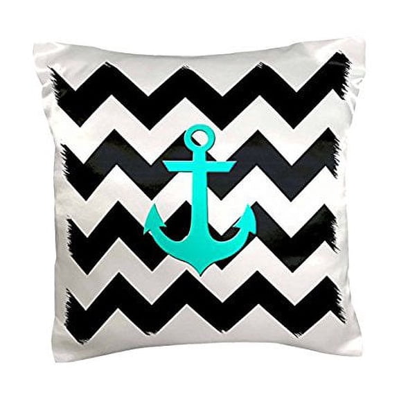 3dRose, Aqua blue anchor with black and white chevron pattern, 16x16 inch Pillow Case