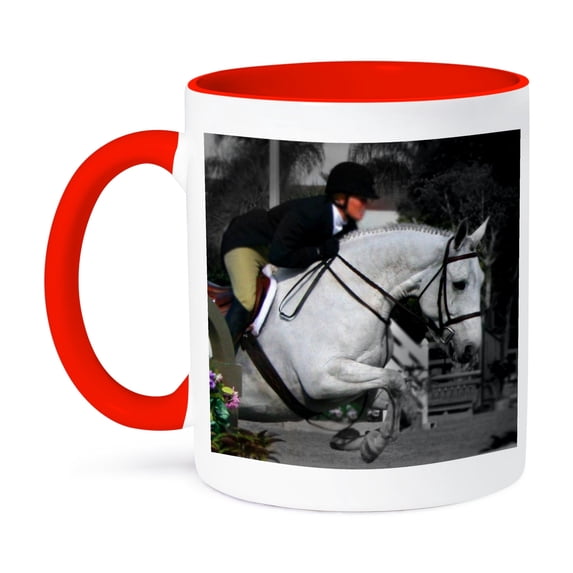 3dRose, Arabian Horse Jumping Blurred Rider, 11oz Two-Tone Red Mug