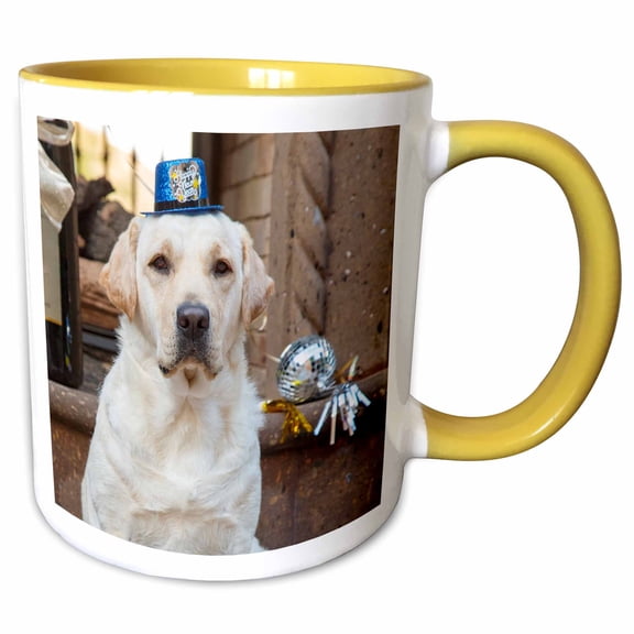 3drose, , Arizona, Buckeye. Yellow Lab Celebrating the New Year., 11oz Two-tone Yellow Mug