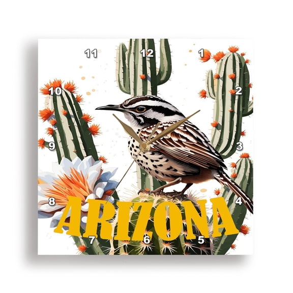3dRose, Arizona Cactus Wren Surrounded By Cactus Blossom, 15x15 Wall Clock