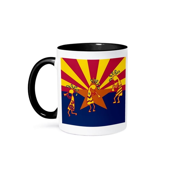 3dRose, Arizona Flag Color Kokopelli Tribal Flute Players, 15oz Two-Tone Black Mug
