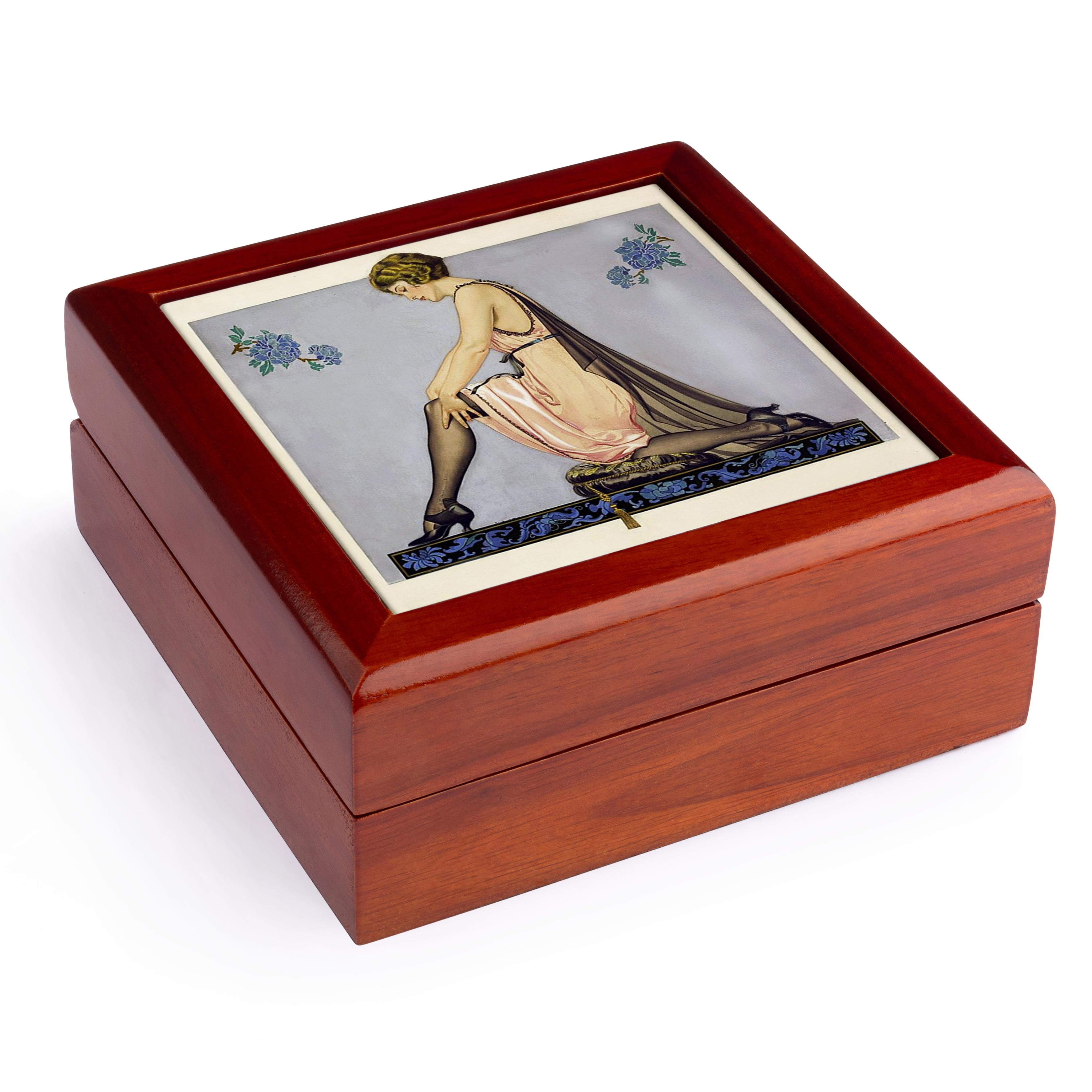3dRose, Art Deco Hoisery Ad, Jewelry Box 5.5x5.5 inch with 4 inch tile
