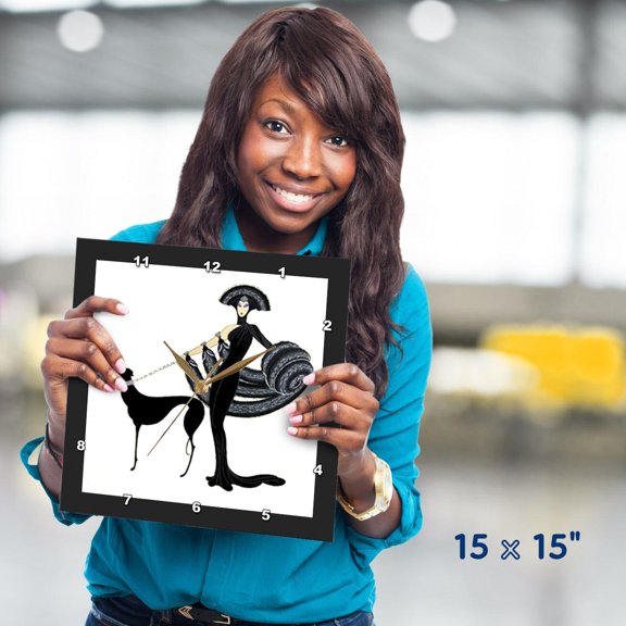 3dRose, Art Deco Lady With Dog, 15x15 Wall Clock