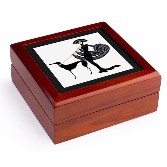 3dRose, Art Deco Lady With Dog, Jewelry Box 5.5x5.5 inch with 4 inch tile
