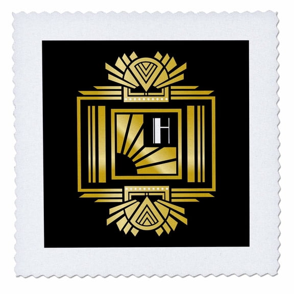 3dRose, Art Deco Monogram Letter H- Gold Effect and White on Black Background, 10x10 inch quilt square