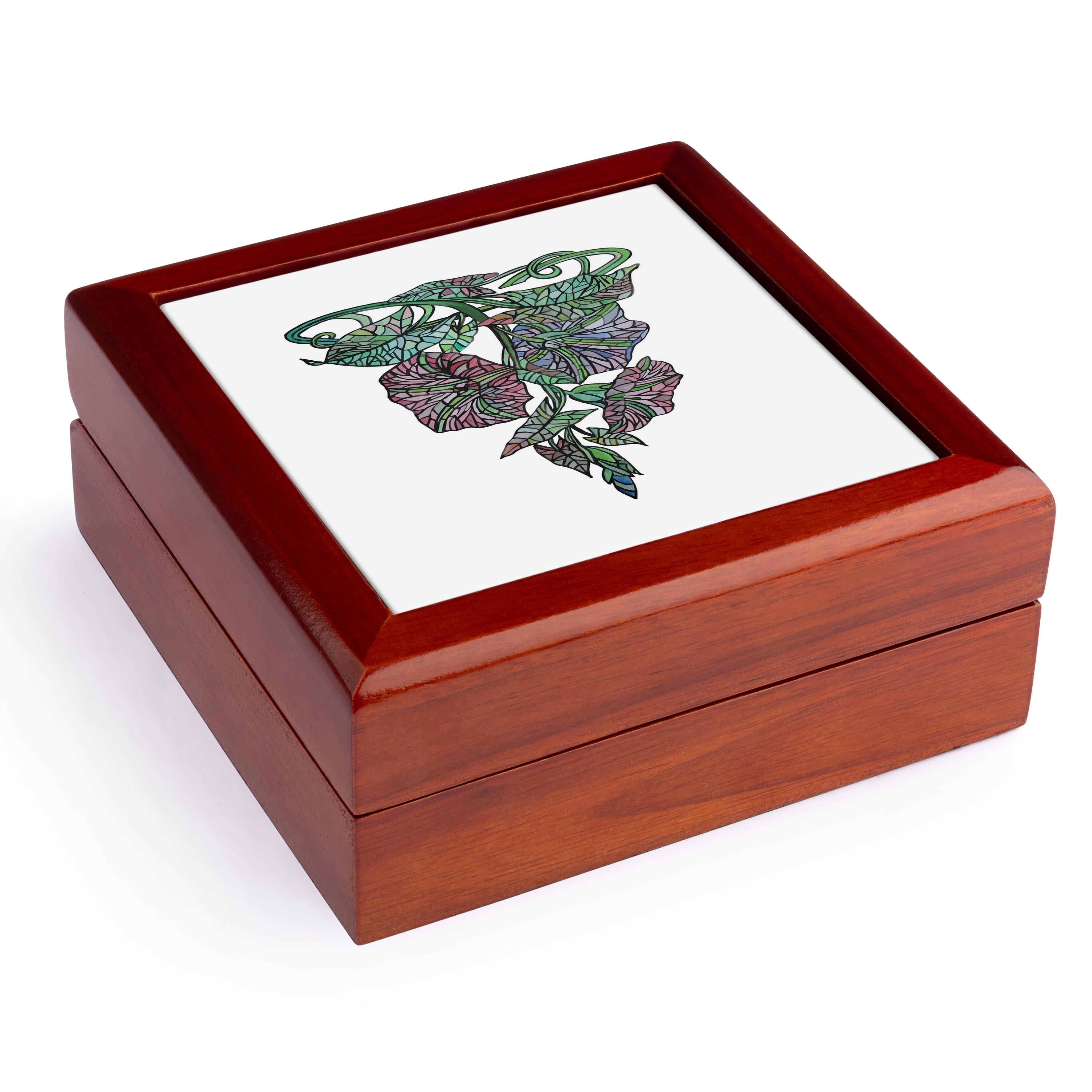 3dRose, Art Nouveau Morning Glory Black Outline Art, Jewelry Box 5.5x5.5 inch with 4 inch tile