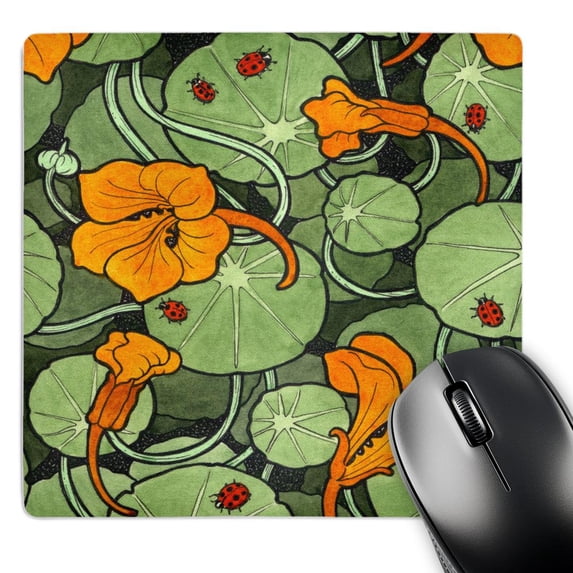 3dRose, Art Nouveau Orange Nasturtium Flowers with Ladybirds, MousePad