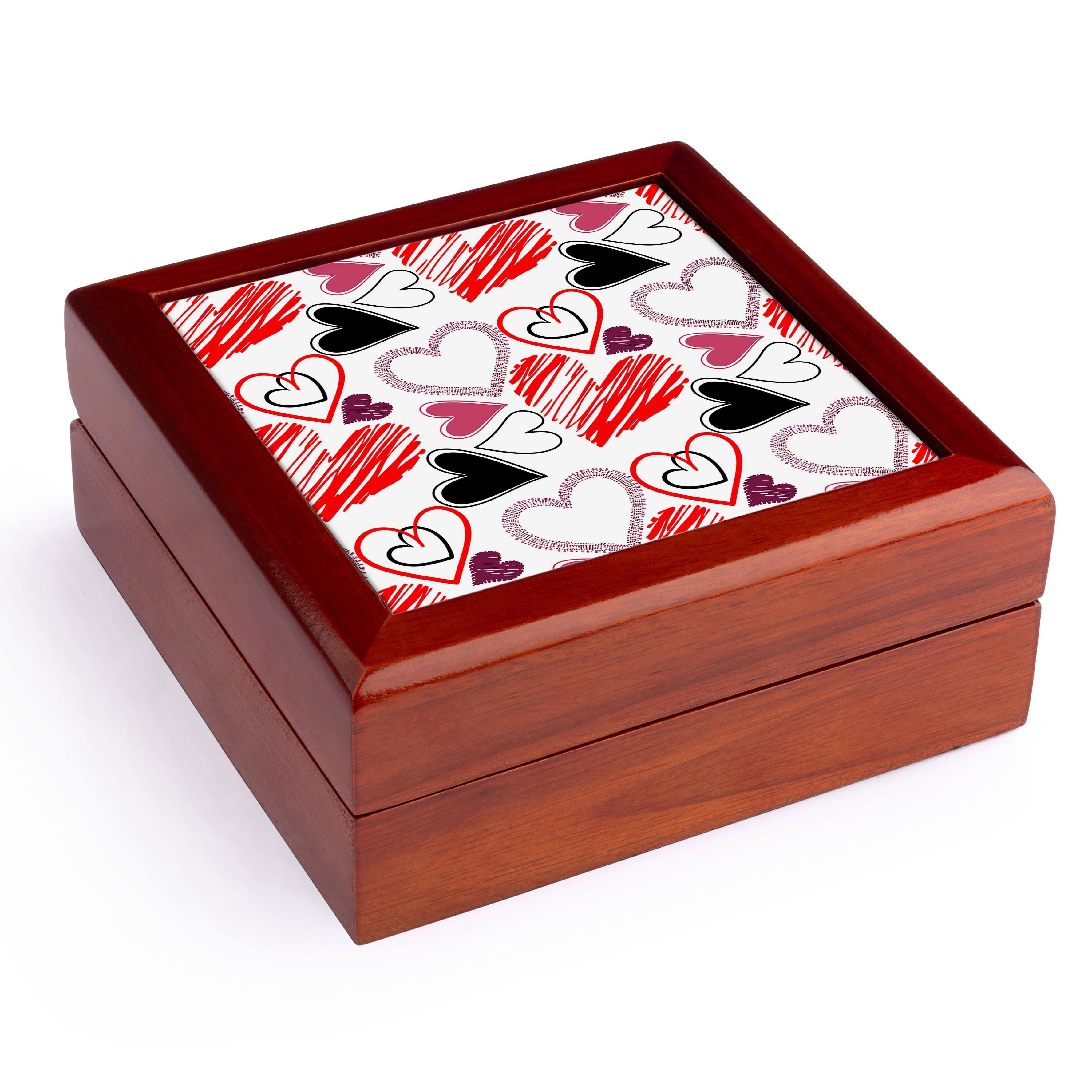 3dRose, Artsy Valentines Day pattern of colorful drawings of hearts gift, Jewelry Box 5.5x5.5 inch with 4 inch tile