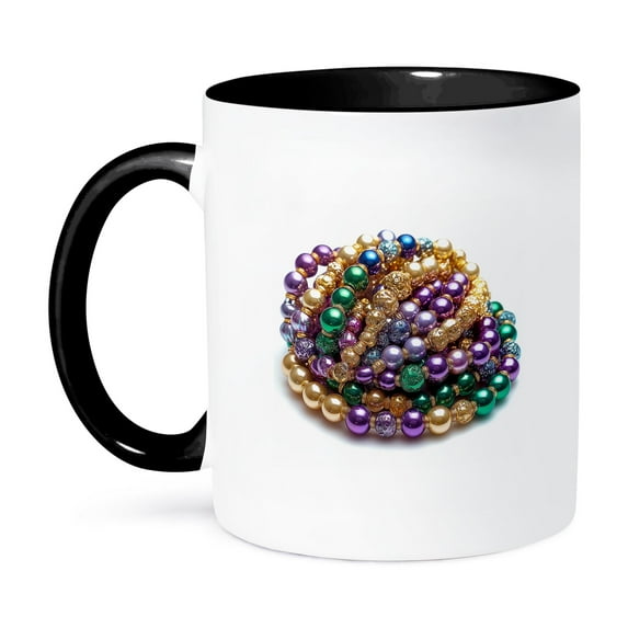 3drose, Artsy Image of Mardi Gras Beads of Purple, Yellow, Green Colors Gift, 15oz Two-tone Black Mug