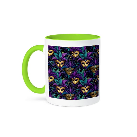 3drose, Artsy Traditional Mardi Gras Masks and Feathers, Great Gift for All, 15oz Two-tone Green Mug