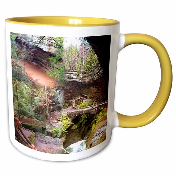 3drose, Ash Cave and Old Mans Cave in Hocking Hills State Park Collage, 11oz Two-tone Yellow Mug