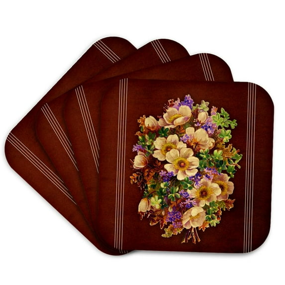 3drose, Assorted Bouquet of Yellow, Orange, Green and Purple Flowers with Burgundy Textured Background, Set of 4 Coasters - Soft