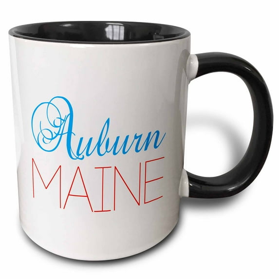 3drose, Auburn, Maine Blue, Red Text. Patriotic Home Town Design on White, 15oz Two-tone Black Mug