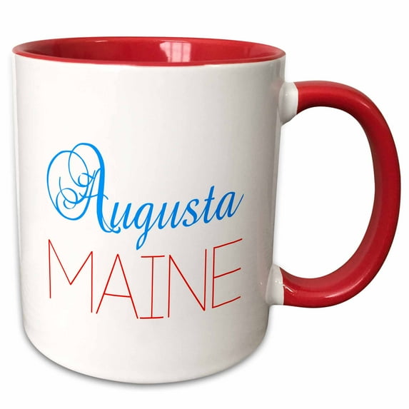 3drose, Augusta, Maine Blue, Red Text. Patriotic Home Town Design on White, 11oz Two-tone Red Mug