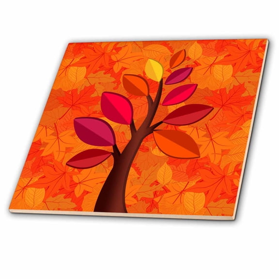 3dRose, Autumn Leaf Background in Orange Golds and Reds with Fall Tree, 4 Inch Ceramic Tile