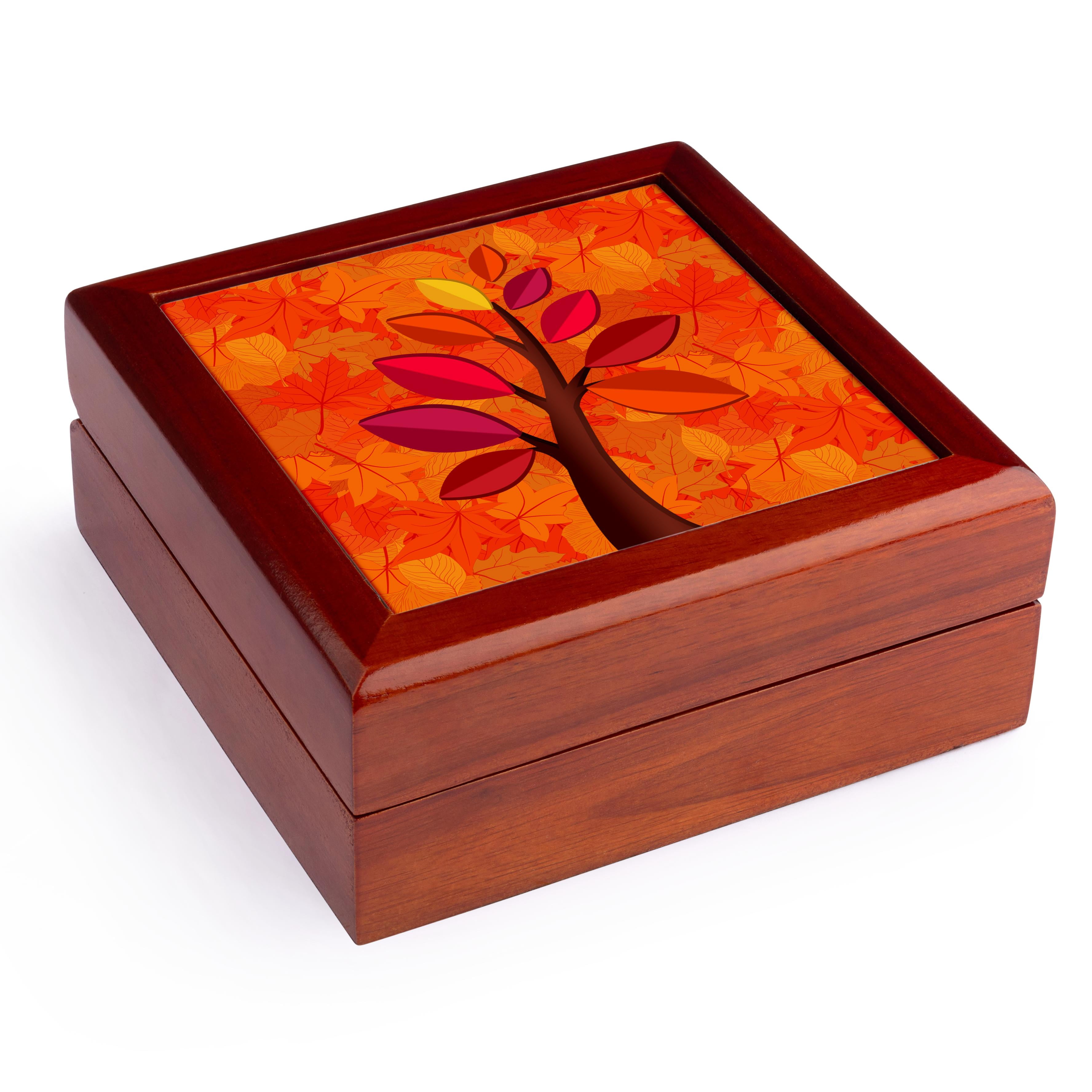 3dRose, Autumn Leaf Background in Orange Golds and Reds with Fall Tree, Jewelry Box 5.5x5.5 inch with 4 inch tile