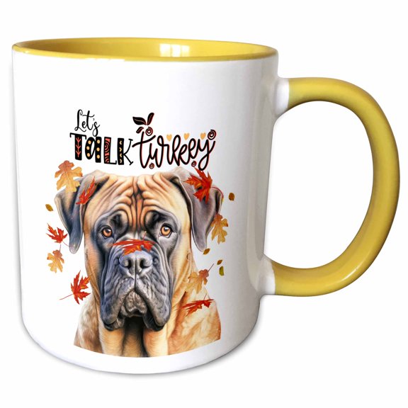 3drose, Autumn Leaves Float Around a Cute Mastiff Dog for Thanksgiving Fun, 11oz Two-tone Yellow Mug
