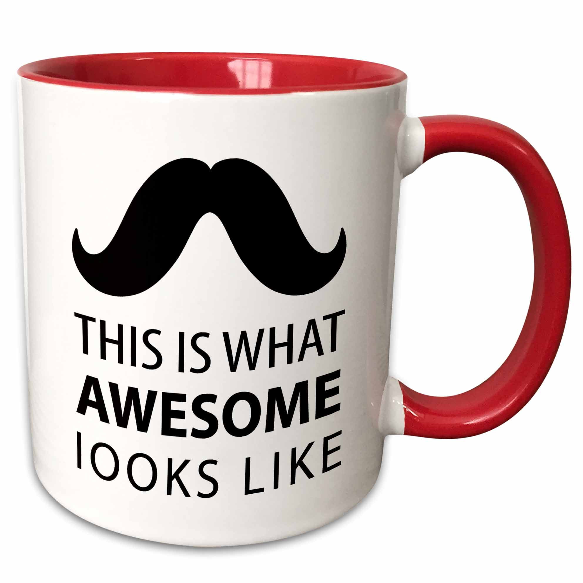 3dRose Awesome Mustache hipster retro black and white art - Two Tone Red Mug, 11-ounce