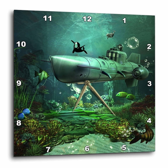 3drose, Awesome Submarine with Orca and Dolphin, 10x10 Wall Clock