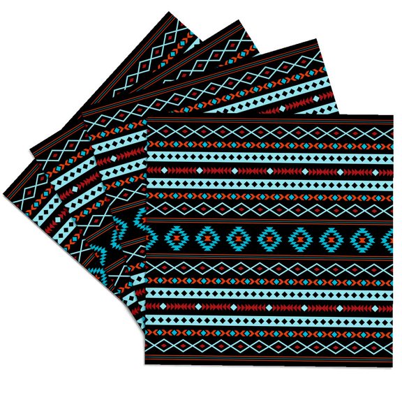 3drose, Aztec Blues Reds Black Mixed Motifs Pattern, Set of 4 Ceramic Tile Coasters