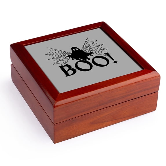 3dRose, BOO With ghost in a spiderweb, Jewelry Box 5.5x5.5 inch with 4 inch tile
