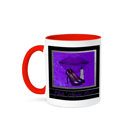 3dRose, Bachelorette Party, Girls Night Out, Purple High Heels, Lips and Lipstick , 11oz Two-Tone Red Mug