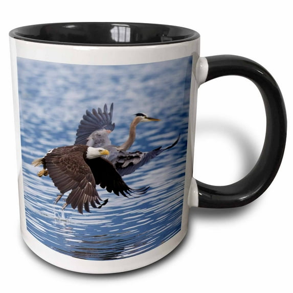 3drose, Bald Eagle and Great Blue Heron, 15oz Two-tone Black Mug